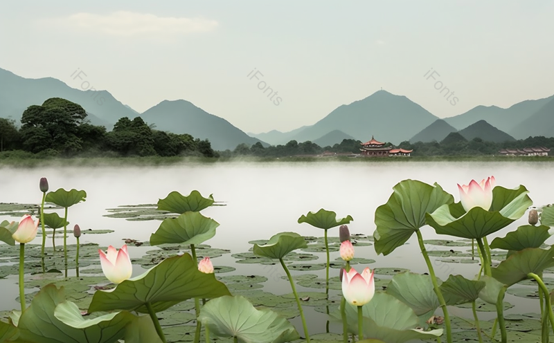 绿色立夏西湖荷花荷叶盛开岸边传统榫卯建筑国风摄影作品,插画/手绘图,插画/手绘图库,插画/手绘图下载,插画/手绘
